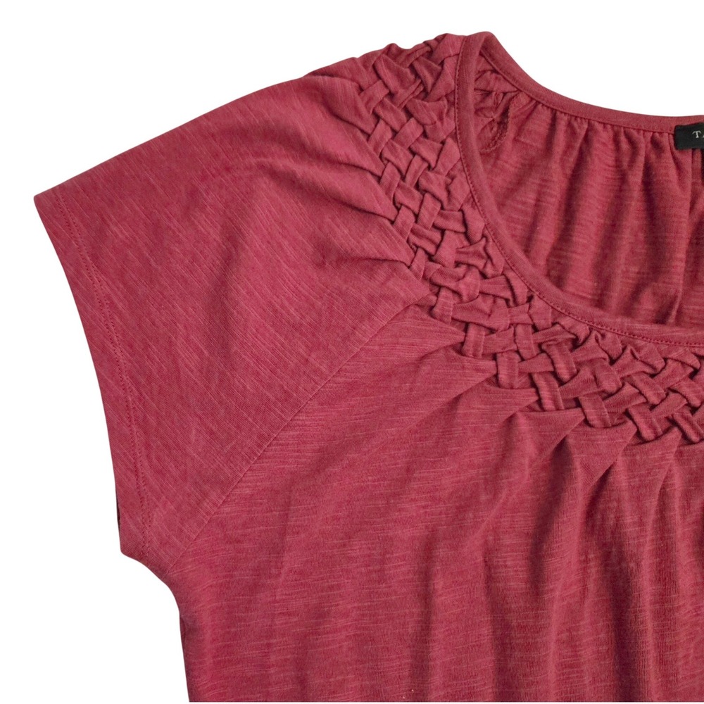 Talbots Dusky Red Cotton Slub Knit Top Lattice Woven Scoop Neck Cap Sleeve XL - Picture 3 of 7